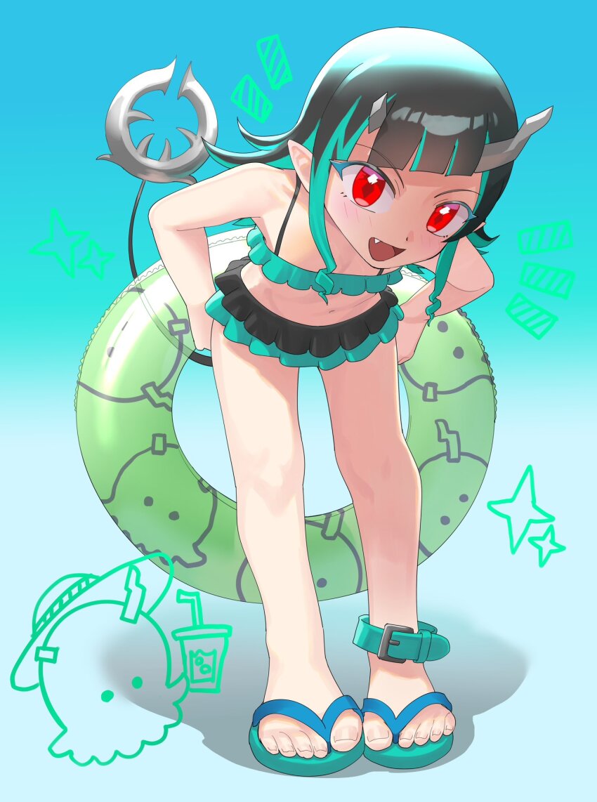 1girl alternate_costume asymmetrical_horns bikini black_hair blue_bikini blue_hair blue_sandals blunt_bangs blush buren commentary_request demon_girl demon_horns demon_tail fang flat_chest flip-flops frilled_bikini frills full_body gradient_background green_innertube grey_horns highres holding holding_swim_ring horns innertube leaning_forward long_hair looking_at_viewer multicolored_hair nanashi_inc. open_mouth pointy_ears red_eyes sandals shishio_chris smile solo standing swim_ring swimsuit tail two-tone_hair virtual_youtuber white_background