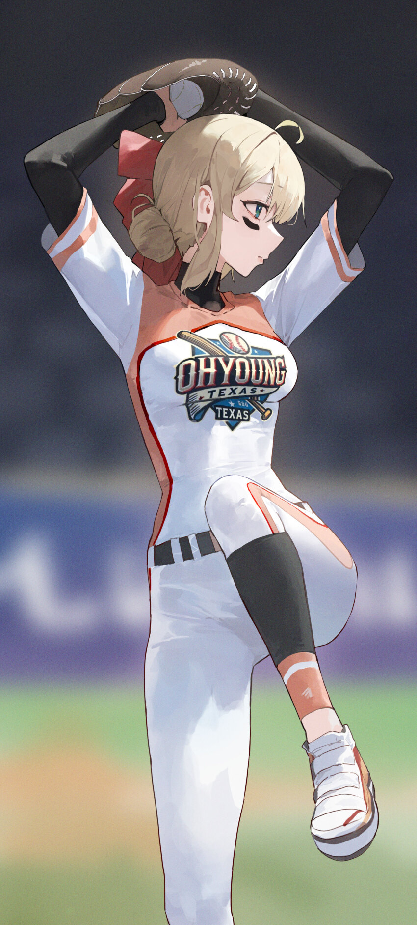 1girl absurdres ball baseball baseball_glove baseball_uniform blonde_hair blue_eyes hair_bun highres holding holding_ball mac_star original shirt shoes short_sleeves single_hair_bun sportswear standing standing_on_one_leg white_shirt white_shoes