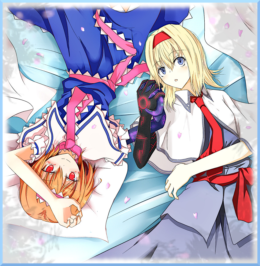 2girls alice_margatroid blonde_hair blue_border blue_dress blue_eyes blush bois_de_justice border capelet closed_mouth collared_capelet commentary_request cookie_(touhou) cowboy_shot dies_irae dress dual_persona frilled_hairband frilled_necktie frilled_sash frills hairband highres hinase_(cookie) holding_hands looking_at_viewer lying medium_hair multiple_girls necktie on_back open_mouth orange_hair petals pink_hairband pink_necktie pink_sash red_eyes red_hairband red_necktie red_sash sakuna_brownie sash shinza_bansho_series short_hair smile touhou white_capelet