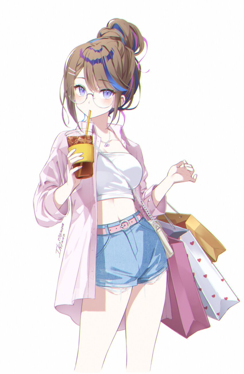 1girl absurdres airi_kanna bag belt blue_shorts breasts brown_hair crop_top cup denim denim_shorts disposable_cup glasses hair_bun high-waist_shorts highres holding holding_cup ika_(4801055) jacket jewelry large_breasts long_hair long_sleeves looking_at_viewer midriff multicolored_hair navel necklace open_clothes open_jacket pink_jacket purple_eyes round_eyewear shirt shopping_bag short_shorts shorts simple_background solo stellive streaked_hair thighs virtual_youtuber white_background white_shirt wing_collar