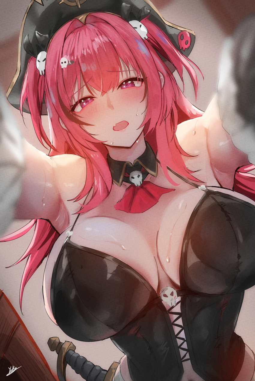 1girl absurdres armpits ascot black_collar black_hat black_leotard black_ribbon blurry blurry_background blurry_foreground blush collar commentary cutlass detached_collar fang goddess_of_victory:_nikke hair_intakes hair_ornament hair_ribbon hairclip hat heart heart_in_eye highres leotard long_hair looking_at_viewer mast_(nikke) mast_(romantic_maid)_(nikke) navel open_mouth pink_eyes pink_hair pirate_hat red_ascot ribbon signature skin_fang skull_collar skull_hair_ornament solo sweat symbol_in_eye yuka_1503