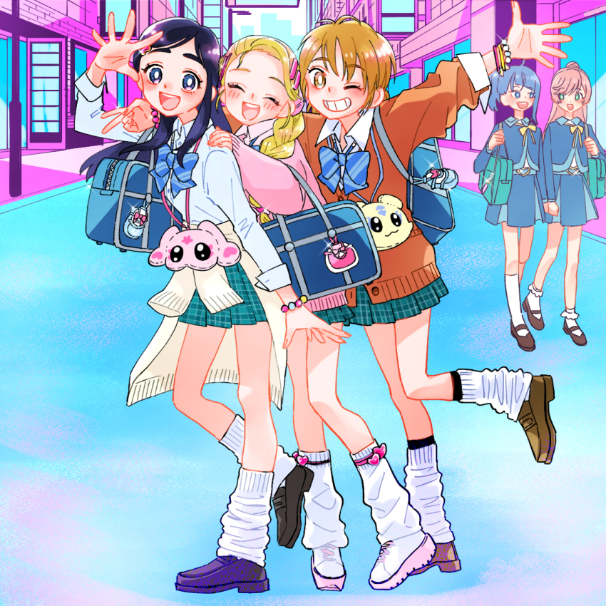 5girls adapted_costume arms_up bag bead_bracelet beads black_footwear black_hair blonde_hair blue_bow blue_bowtie blue_eyes blue_hair blue_jacket blue_skirt bobby_socks bow bowtie bracelet braid braided_ponytail bright_pupils brown_cardigan brown_eyes brown_footwear brown_hair buckle building cardigan cardigan_around_waist carrying cellphone_charm charm_(object) closed_eyes clothes_around_waist commentary cut_bangs day dress_shirt futari_wa_precure futari_wa_precure_max_heart green_eyes green_skirt grin gyaru hair_bun hair_ornament hair_over_shoulder hairclip hand_on_another&#039;s_shoulder heart heart-shaped_buckle hirogaru_sky!_precure holding_hands in-franchise_crossover jacket jewelry kneehighs kogal kujou_hikari leg_up loafers long_hair looking_at_another looking_at_viewer loose_bowtie loose_socks mary_janes medium_hair mepple miniskirt mipple misumi_nagisa multiple_girls nijigaoka_mashiro one_eye_closed outdoors pink_cardigan pink_hair plaid_clothes plaid_skirt pleated_skirt precure road school_bag school_uniform shirt shoes short_hair side_ponytail single_braid skirt sleeves_rolled_up smile sneakers socks sora_harewataru sorashido_academy_school_uniform standing standing_on_one_leg street swept_bangs ton_(ton39342104) v verone_gakuin_school_uniform walking waving white_cardigan white_footwear white_pupils white_shirt white_socks wing_collar yukishiro_honoka