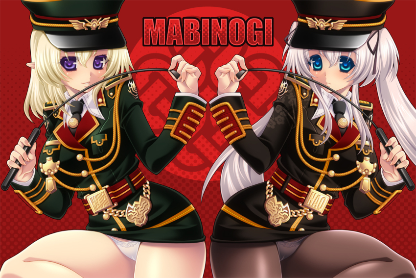 2girls aiguillette belt black_hat black_jacket black_necktie black_skirt blonde_hair blue_eyes breasts brown_pantyhose cameltoe collared_shirt copyright_name floral_print floral_print_jacket frown green_hat green_jacket green_skirt grey_hair hair_between_eyes hair_ribbon hakoiri_nyanko hat holding holding_riding_crop jacket large_breasts long_hair long_sleeves mabinogi miniskirt multiple_girls nao_(mabinogi) necktie panties pantyhose peaked_cap player_character_(mabinogi) pointy_ears print_jacket purple_eyes purple_ribbon red_background red_belt ribbon riding_crop shirt short_hair sidelocks skirt smile symmetrical_pose symmetry twintails underwear white_panties white_shirt
