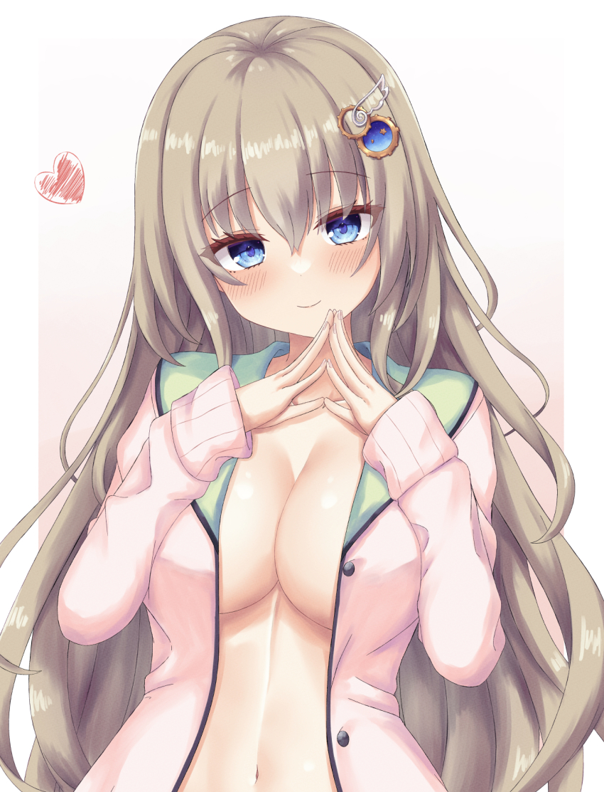 1girl 9-nine- blue_eyes blush breasts brown_hair buttons cardigan cleavage closed_mouth collarbone commentary drawn_heart eyelashes eyes_visible_through_hair gear_hair_ornament hair_between_eyes hair_ornament hands_up head_tilt heart highres kujou_miyako large_breasts long_hair looking_at_viewer naked_cardigan navel open_cardigan open_clothes own_hands_together pink_cardigan sidelocks simple_background sleeves_past_wrists smile solo star_(symbol) star_print steepled_fingers stomach upper_body very_long_hair white_background wing_hair_ornament yuunagi_(yunagi1373)