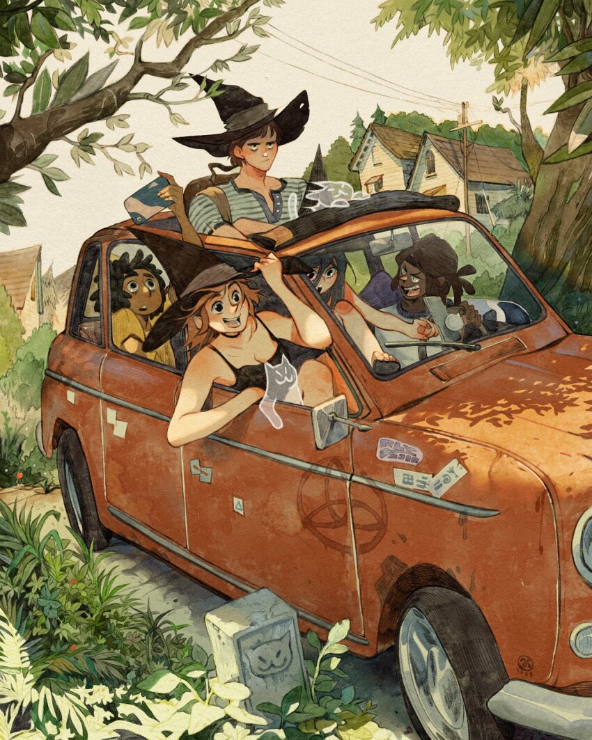 2girls 3boys artist_logo backpack bag black_hair black_shirt brown_hair car cat cellphone closed_mouth commentary crossed_arms dark-skinned_male dark_skin day dreadlocks driving durag english_commentary ghost hat highres holding holding_phone house leaning_out_of_window logo medium_hair motor_vehicle multiple_boys multiple_girls open_mouth orange_car original outdoors phone road road_trip runes sandals shirt short_hair simz sitting sky slice_of_life smartphone spaghetti_strap sticker striped_clothes striped_shirt sunroof teeth through_sunroof tree utility_pole white_shirt white_sky witch_hat yellow_shirt