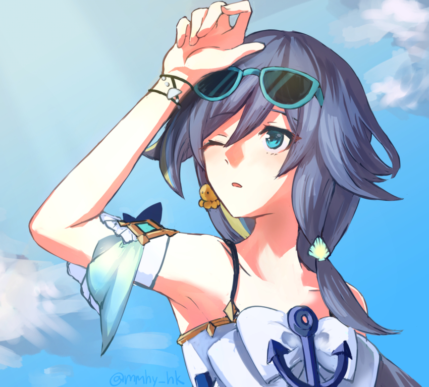 1girl armpits bikini blonde_hair blue_background blue_bow blue_eyes blue_hair blue_sky bow cloud cloudy_sky eyewear_on_head fu_hua fu_hua_(seagull&#039;s_soar) fu_hua_(shadow_knight) grey_hair hair_between_eyes hand_on_own_head honkai_(series) honkai_impact_3rd long_hair looking_up low-tied_long_hair low_ponytail mmhy_hk official_alternate_costume one_eye_closed ponytail sky sleeveless solo sunglasses swimsuit white_bikini white_swimsuit