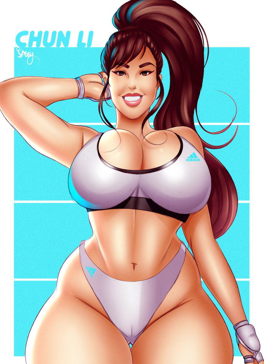 1girl adidas alternate_costume artist_logo breasts brown_eyes brown_hair cameltoe capcom chun-li cleavage curvy female_focus gloves grin highres huge_breasts jassycoco logo long_hair looking_at_viewer muscular navel ponytail smile solo street_fighter thick_lips thick_thighs thighs toned wide_hips