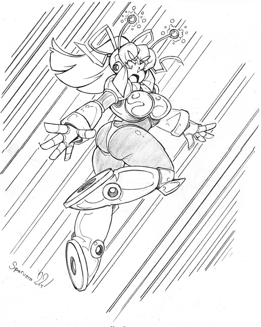 antennae armor armored_boots armored_gloves arms_up bikini_armor boots breasts flying hair_ribbon hairband headphones highres hyper_roll_(marvel_vs._capcom) ink jet_boots joints knee_boots large_breasts lineart long_hair marvel_vs._capcom mechanical_arms mechanical_boots mechanical_legs mega_man_(classic) mega_man_(series) open_mouth ponytail pumpkinsareholy radio_antenna red_armor ribbon robot robot_girl robot_joints roll_(mega_man) shoulder_armor sidelocks signature smile
