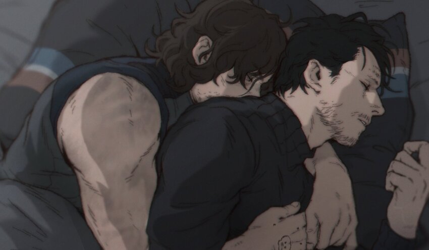 2boys bara bed bed_sheet black_hair black_sweater closed_eyes couple death_stranding facial_hair goatee grey_tank_top hamms_hamss hand_tattoo higgs_(death_stranding) hug hug_from_behind male_focus mature_male multiple_boys mustache on_bed sam_porter_bridges short_hair sleeping sweater tank_top tattoo yaoi