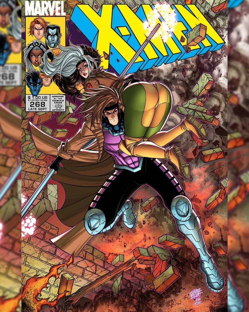 1boy 1girl ass black_gloves bodysuit boots brown_coat brown_hair carrying carrying_person coat colossus_(x-men) copyright_name cover cover_page english_text fingerless_gloves front_cover gambit gloves green_bodysuit green_jacket highres holding holding_staff israel_silva jacket long_coat long_hair marvel multicolored_hair nightcrawler official_art open_clothes open_coat over_shoulder rogue_(x-men) short_hair staff storm_(x-men) two-tone_bodysuit two-tone_hair white_hair x-men yellow_bodysuit yellow_boots