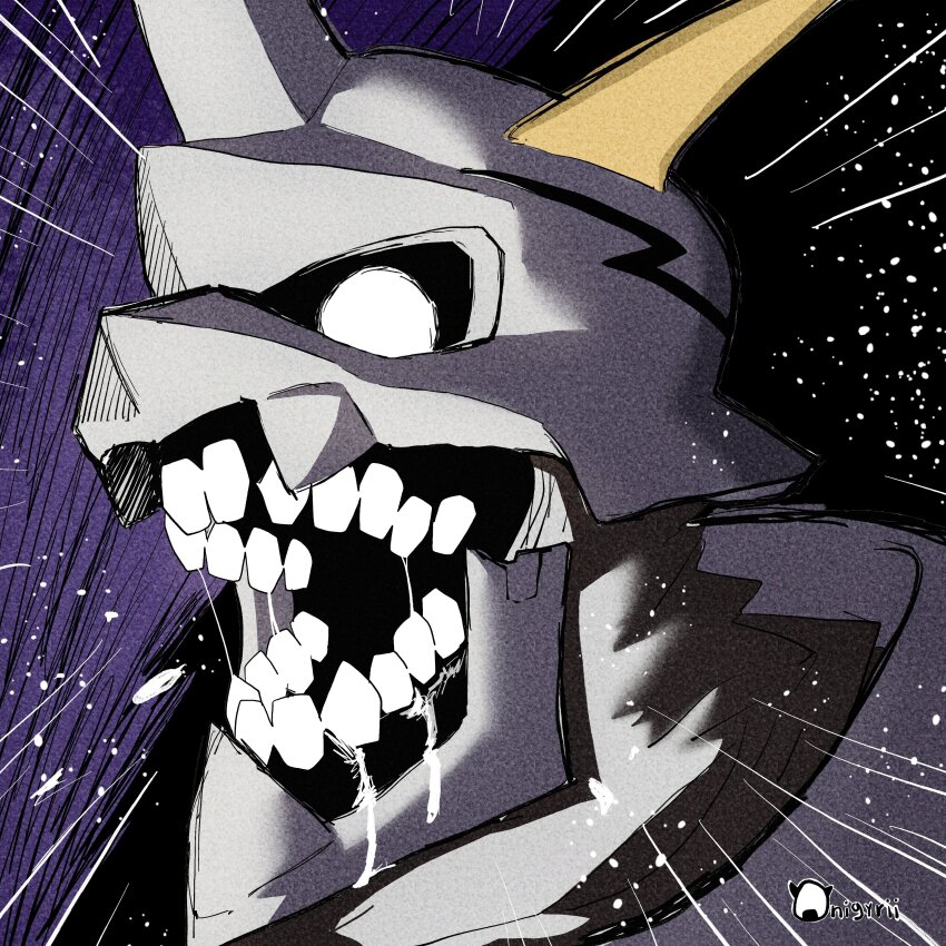 absurdres black_background close-up digimon digimon_(creature) evangelion_(mecha) highres horns mecha mecha_focus neon_genesis_evangelion omegamon onigyrii open_mouth purple_background robot saliva simple_background solo teeth