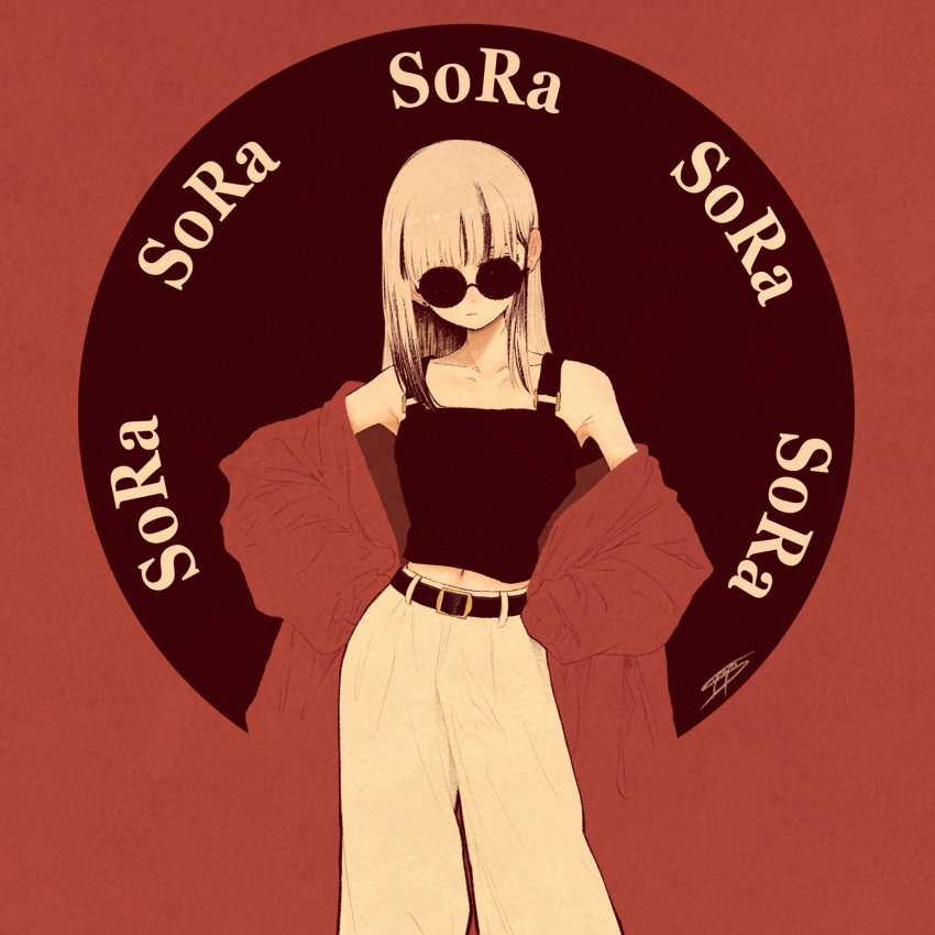 1girl belt black_camisole blending camisole circle english_text feet_out_of_frame grey_hair hands_on_own_hips highres long_hair midriff_peek navel off-shoulder_shirt off_shoulder original pants red_shirt round_eyewear shirt signature solo sunglasses syooooyoooo white_pants