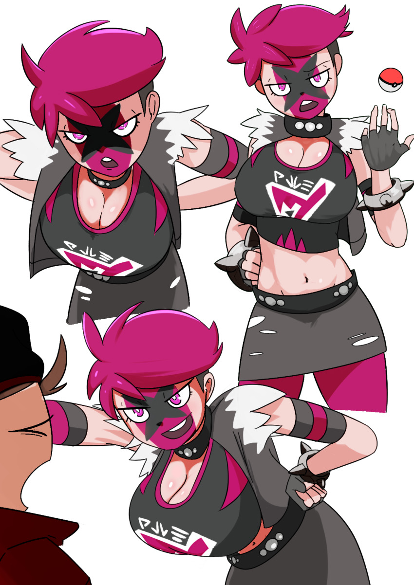 1boy 1girl angry bracelet breasts cleavage coco_(setawar) collar dot_nose eyelashes facepaint facial_expressions fingerless_gloves gloves hand_on_own_hip hanging_breasts highres jewelry large_breasts matching_hair/eyes midriff miniskirt navel nintendo open_mouth pokemon pokemon_swsh purple_eyes purple_hair purple_thighhighs shiny_skin short_hair skirt sleeveless smile spiked_bracelet spikes team_yell_grunt team_yell_grunt_(female) teeth thighhighs torn_clothes torn_skirt victor_(pokemon) white_background