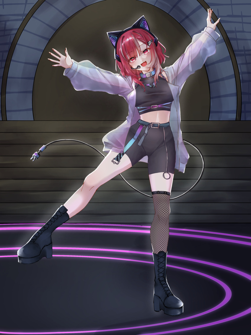 1girl absurdres asymmetrical_legwear belt boots collar commission concert dancing earphones fishnet_socks fishnets headset highres jacket looking_at_viewer lyko_lianna microphone multicolored_hair music open_mouth pants red_eyes red_hair shirt short_hair singing smile socks solo stage tail v4mirai virtual_youtuber