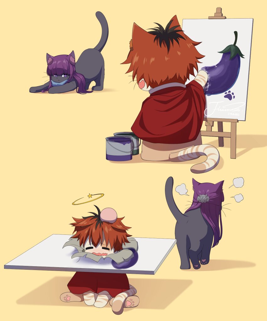 absurdres animalization black_hair bucket cape cat eggplant fern_(sousou_no_frieren) highres j_humbo long_hair no_humans painting_(action) painting_(object) purple_hair red_cape red_hair simple_background sousou_no_frieren stark_(sousou_no_frieren) yellow_background