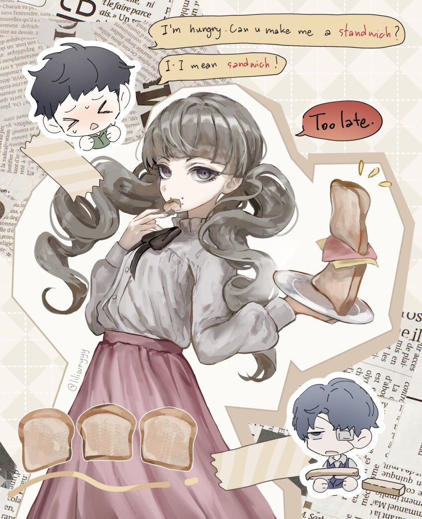 &gt;_&lt; 1girl 2boys black_hair black_ribbon blue_hair blunt_bangs bread bread_slice brown_eyes brown_hair cheese chibi chibi_inset commentary daan_(fear_&amp;_hunger) eating english_text eyepatch face_piercing fear_&amp;_hunger fear_&amp;_hunger_(series) fear_&amp;_hunger_2:_termina food frilled_shirt_collar frills green_jumpsuit ham highres holding holding_plate jumpsuit levi_(fear_&amp;_hunger) lilio long_sleeves marina_(fear_&amp;_hunger) medical_eyepatch mouth_piercing multiple_boys neck_ribbon newsprint_background notice_lines piercing pink_skirt plate ribbon sandwich shirt shirt_tucked_in short_hair skirt solo_focus speech_bubble sweat symbol-only_commentary twintails twitter_username white_shirt