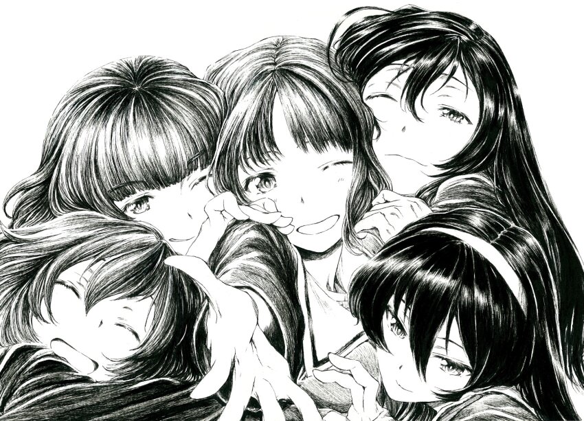 5girls :3 :d akiyama_yukari foreshortening girls_und_panzer hair_between_eyes hairband highres isuzu_hana long_hair monochrome multiple_girls nishizumi_miho one_eye_closed open_mouth outstretched_arm reizei_mako sawamin school_uniform short_hair smile smirk takebe_saori tsurime