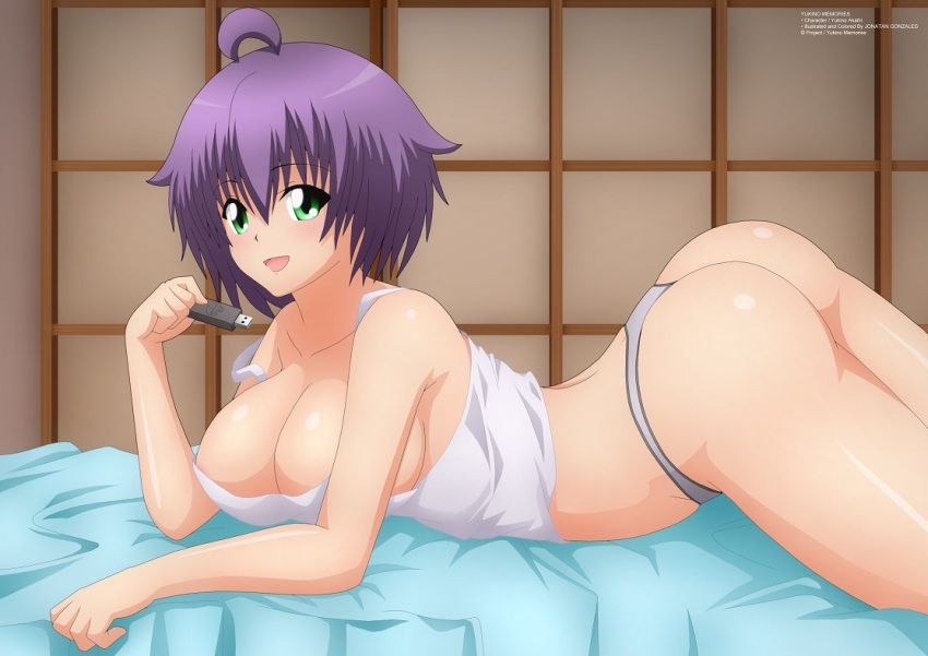 1girl ass bed breasts cleavage green_eyes large_breasts legs looking_at_viewer lying midriff no_bra on_stomach purple_hair shirt short_hair sleeveless sleeveless_shirt smile thighs thong usb yukino_akaihi yukino_memories zel-sama