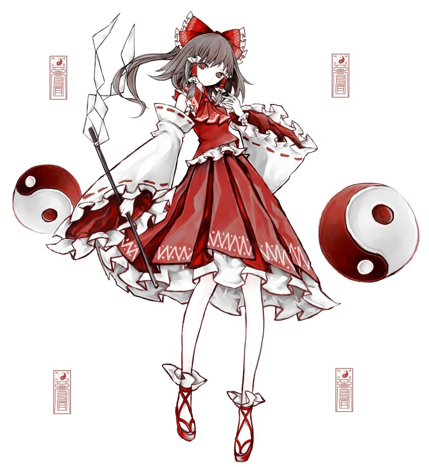 1girl absurdres ascot black_hair bow detached_sleeves female_focus full_body gohei hair_bow hair_tubes hakurei_reimu highres japanese_clothes long_sleeves looking_at_viewer miko nontraditional_miko ofuda oonusa orb ponytail red_bow red_eyes red_shirt red_skirt ribbon-trimmed_sleeves ribbon_trim shirt sidelocks skirt skirt_set sleeveless sleeveless_shirt solo touhou wide_sleeves yin_yang yin_yang_orb yutapon