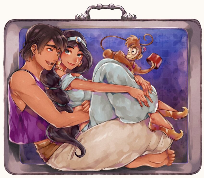 1boy 1girl abu_(aladdin) aladdin_(disney) aladdin_(movie) arabian_clothes black_hair breasts brown_eyes dark-skinned_female dark_skin earrings harem_outfit jasmine_(disney) jewelry lipstick_mark lipstick_mark_on_leg long_hair looking_at_viewer mizala navel princess shirt smile solo very_long_hair