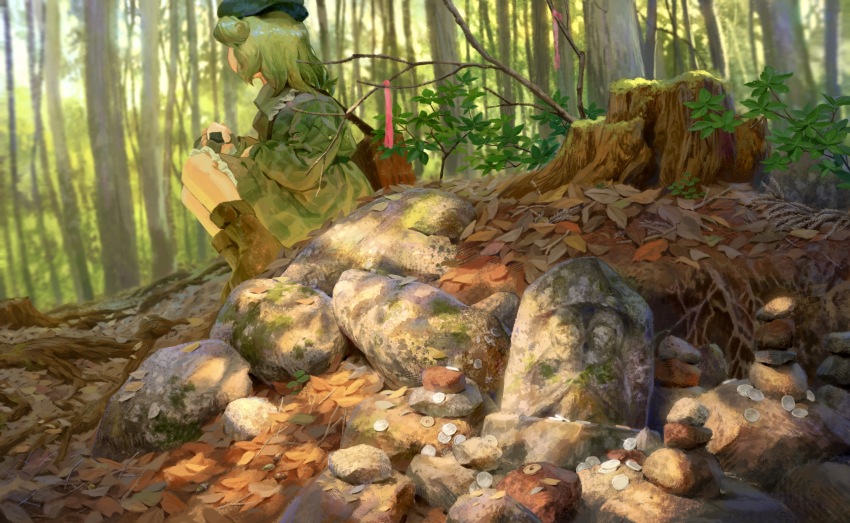 1girl absurdres autumn autumn_leaves backpack bag blurry blurry_background boots boulder brown_bag brown_boots coin collared_shirt commentary_request day facing_away food forest green_hair green_hat green_skirt hat highres holding holding_food holed_coin leaf long_sleeves medium_hair nature onigiri outdoors pink_ribbon ribbon satellitedragon shirt sitting skirt skirt_set solo touhou tree_stump yamashiro_takane