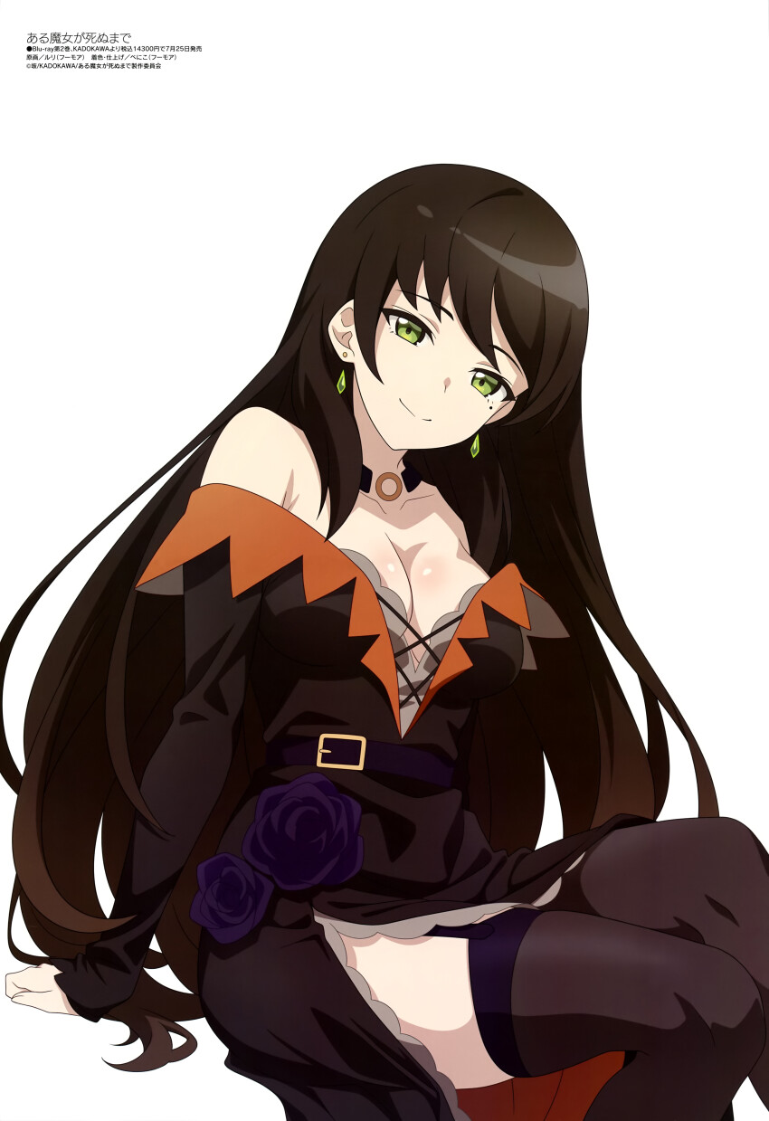 1girl absurdres arm_support armpit_crease aru_majo_ga_shinu_made belt belt_buckle black_belt black_dress black_hair black_thighhighs breasts buckle cleavage closed_mouth collarbone copyright_name copyright_notice dress dress_flower earrings flower garter_straps green_eyes head_tilt highres inori_(aru_majo) jewelry large_breasts long_hair long_sleeves looking_at_viewer magazine_scan megami_magazine mole mole_under_eye off-shoulder_dress off_shoulder official_art purple_flower ruri_(whomor) scan shade shiny_skin side_slit simple_background sitting smile solo swept_bangs thighhighs thighs white_background