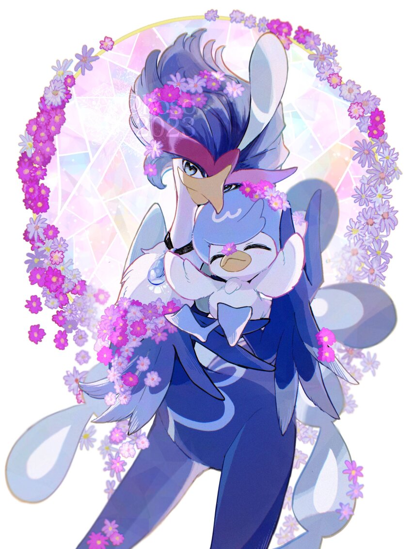beak blue_eyes closed_eyes flower highres koso2023 nintendo pink_flower pokemon pokemon_(creature) purple_flower quaquaval quaxly