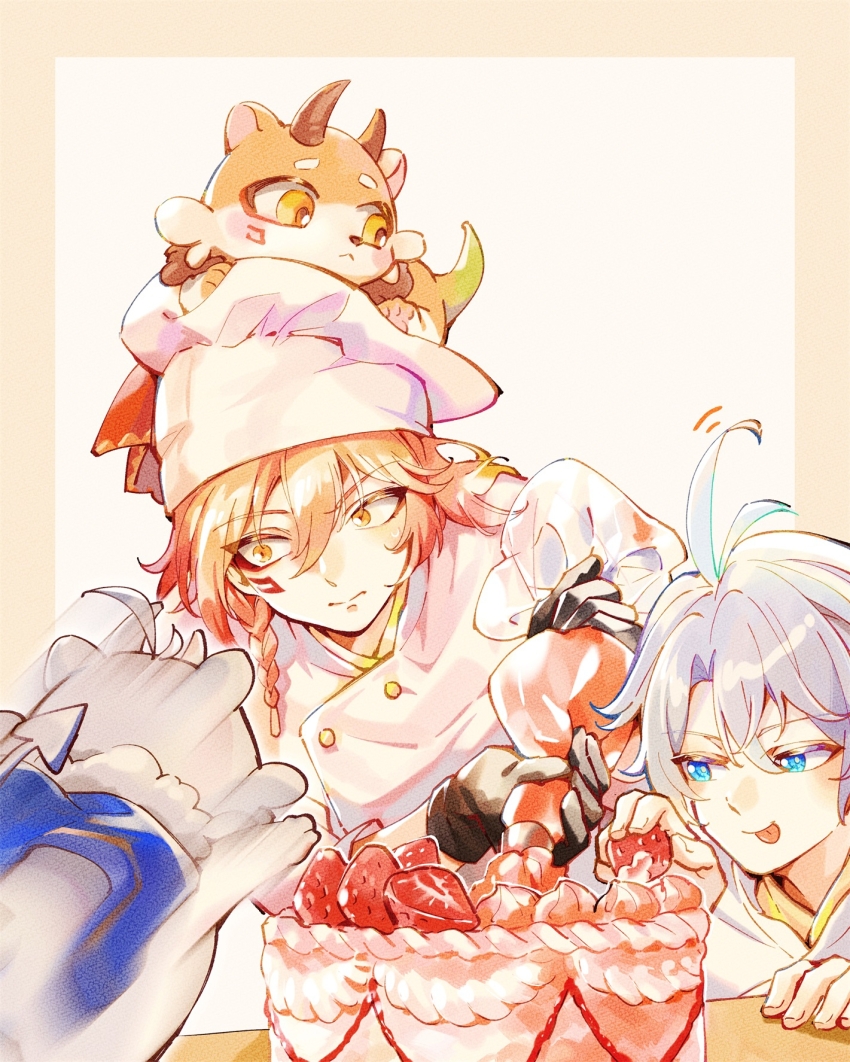 2boys :p antenna_hair blonde_hair blue_eyes border braid buttons cake chef chef_hat chimera_(honkai:_star_rail) chinese_commentary coat commentary_request creature_on_head facial_tattoo food fruit gradient_hair hair_between_eyes hat highres holding holding_food holding_fruit honkai:_star_rail honkai_(series) huanghoudepingguo looking_at_food male_focus medium_hair multicolored_hair multiple_boys mydei_(chrysos_chef)_(honkai:_star_rail) mydei_(honkai:_star_rail) pastry_bag phainon_(chrysos_chef)_(honkai:_star_rail) phainon_(honkai:_star_rail) pouncing red_hair red_tattoo short_hair side_braid strawberry_shortcake tattoo tongue tongue_out white_background white_coat white_hair yellow_border yellow_eyes
