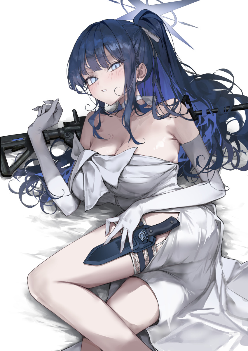 1girl absurdres assault_rifle bed_sheet black_hair blue_archive blue_hair blush breasts choker cleavage commentary dress elbow_blush evening_gown feet_out_of_frame gloves gun hair_spread_out halo highres holster knife_sheath large_breasts long_hair looking_at_viewer lying multicolored_hair official_alternate_costume pepq ponytail rifle saori_(blue_archive) saori_(dress)_(blue_archive) sheath sig_516 sig_sauer solo thigh_holster two-tone_hair very_long_hair weapon white_choker white_dress white_gloves