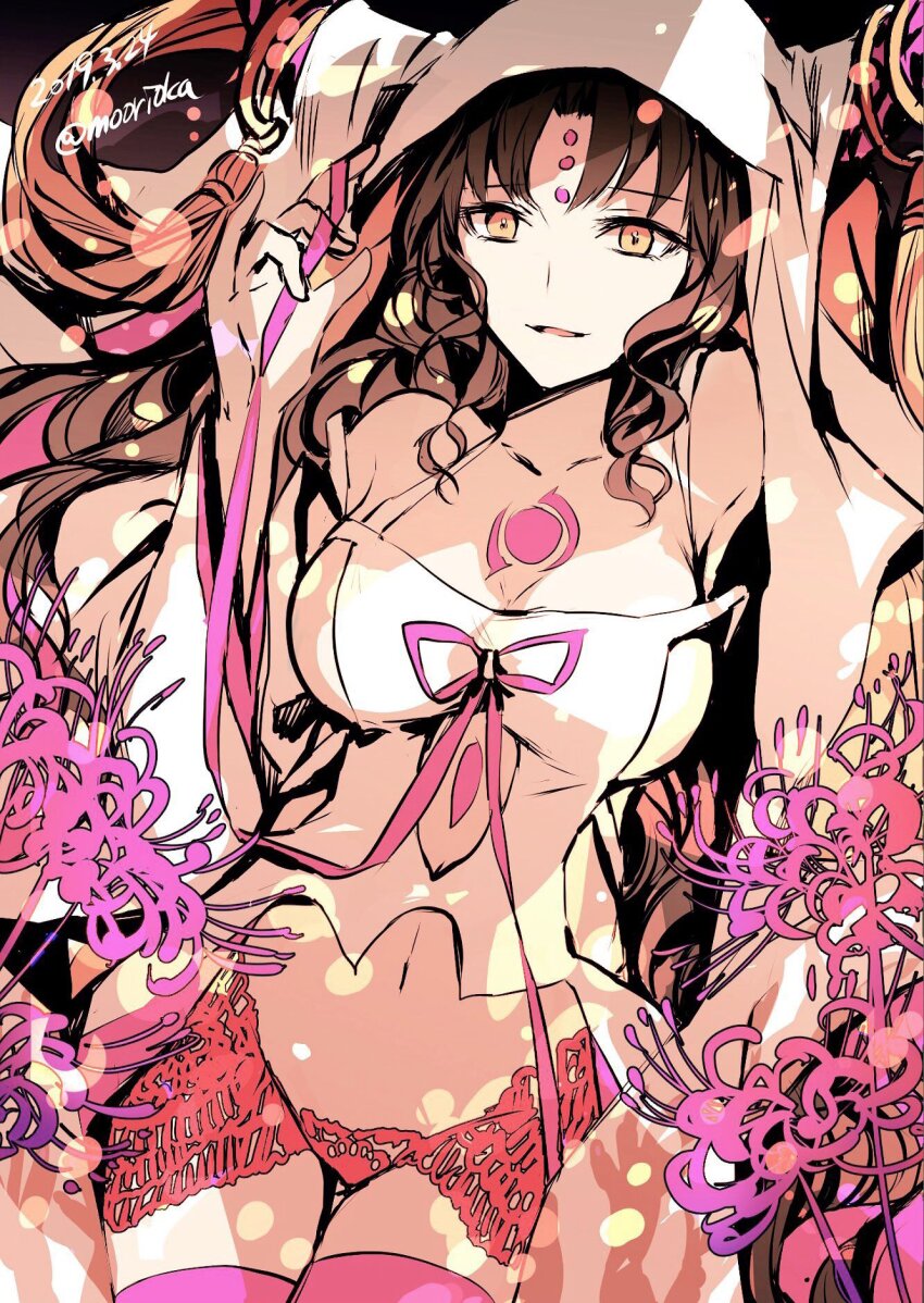 1girl bare_shoulders black_hair breasts chest_tattoo cleavage collarbone dress facial_mark fate/extra fate/extra_ccc fate_(series) flower forehead_mark highres horns large_breasts long_hair long_sleeves looking_at_viewer panties parted_bangs parted_lips pink_panties pink_thighhighs rioka_(southern_blue_sky) sessyoin_kiara sessyoin_kiara_(heaven&#039;s_hole) sessyoin_kiara_(third_ascension) sideboob smile spider_lily tattoo thighhighs thighs underwear veil very_long_hair wavy_hair white_dress wide_sleeves yellow_eyes