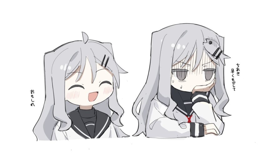 2girls ^_^ agoshi_sakina agoshi_sakina_(cosplay) ahoge black_sailor_collar black_undershirt blush closed_eyes cosplay cropped_torso expressive_hair fish_hair_ornament gloom_(expression) grey_eyes grey_hair hair_ornament hairclip hand_on_own_chin kawara_pigeon long_hair long_sleeves multiple_girls null-meta sailor_collar school_uniform serafuku shirt side-by-side simple_background smile sweat translation_request turtleneck turtleneck_shirt uozumi_kurumi upper_body v-shaped_eyebrows white_background white_shirt