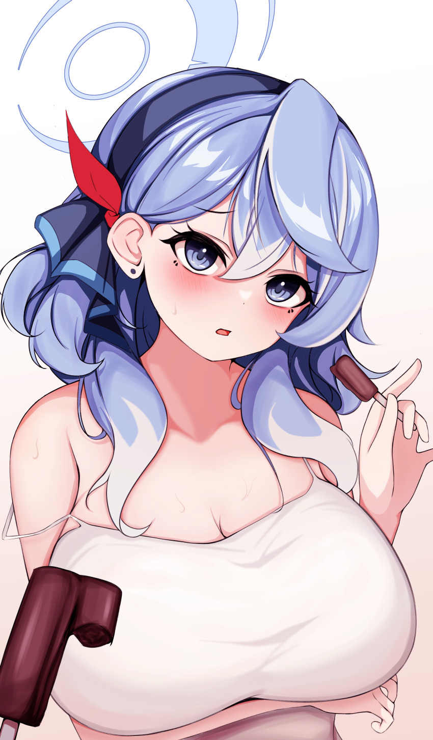 1girl :o absurdres ako_(blue_archive) arm_under_breasts blue_archive blue_eyes blue_hair blush breasts camisole cleavage collarbone commentary_request earrings food gbr20210907 halo highres holding holding_food holding_popsicle huge_breasts jewelry looking_at_viewer popsicle pov simple_background solo strap_slip stud_earrings sweat white_background white_camisole