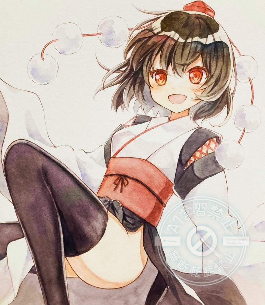 1girl :d ass bare_shoulders black_hair black_thighhighs breasts detached_sleeves hat highres japanese_clothes kimono kourindou_tengu_costume long_sleeves looking_at_viewer obi open_mouth pom_pom_(clothes) red_eyes red_hat red_ribbon red_sash ribbon sash shameimaru_aya short_hair small_breasts smile solo thighhighs tokin_hat touhou traditional_media upper_body utako_(kuromosuki) white_kimono white_sleeves