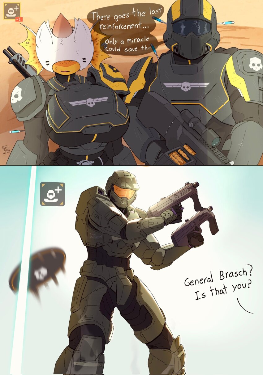 1girl 2boys armor artist_name arzyparzy blue_sky breasts bulletproof_vest cape cracked_visor dual_wielding furry furry_female gun halo halo_(series) helldiver_(helldivers) helldivers_(series) helmet highres holding hunter_(helldivers) large_breasts machine_gun master_chief multiple_boys pauldrons power_armor shoulder_armor skull sky submachine_gun syringe weapon