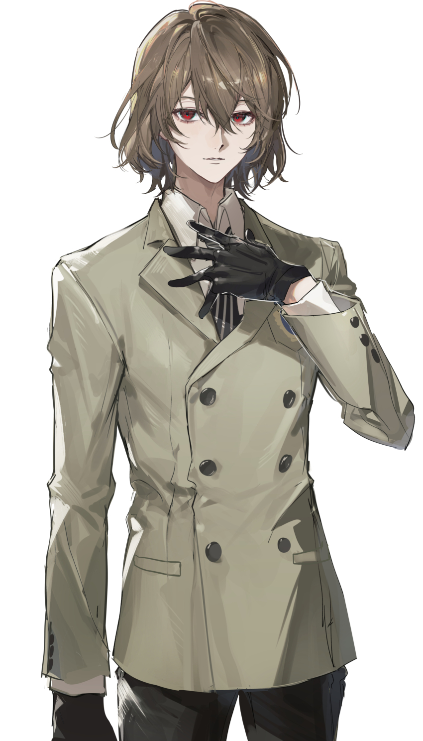 1boy akechi_gorou arm_at_side bishounen black_gloves black_necktie black_pants brown_coat brown_hair buttons coat collared_shirt cowboy_shot doran_(doran7280) double-breasted double-parted_bangs expressionless gloves hair_between_eyes hand_on_own_chest hand_up highres long_sleeves looking_at_viewer male_focus necktie pants parted_lips persona persona_5 pocket red_eyes school_emblem school_uniform shirt short_hair simple_background solo striped_clothes vertical-striped_clothes vertical-striped_necktie white_background white_shirt wing_collar