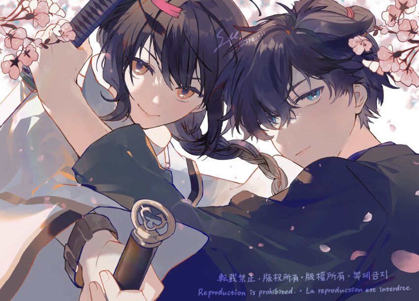 1boy 1other androgynous black_hair blue_eyes bracelet braid braided_ponytail cherry_blossoms falling_petals fate/grand_order fate/samurai_remnant fate_(series) grey_kimono highres holding holding_sword holding_weapon japanese_clothes jewelry kimono long_hair looking_at_viewer miyamoto_iori_(fate) orange_eyes petals short_hair sidelocks single_braid smile sword syerii topknot weapon white_kimono yamato_takeru_(fate)