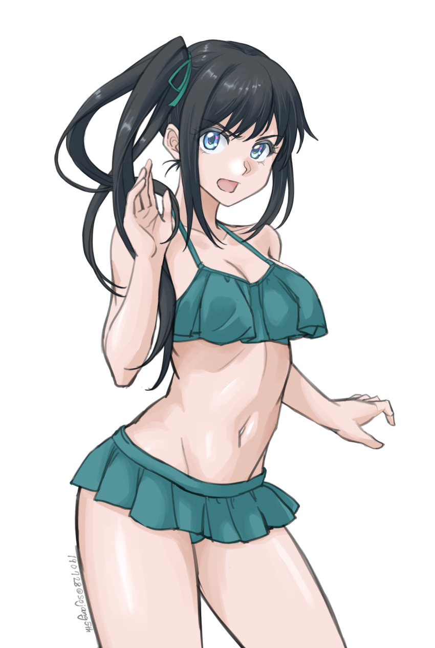 1girl absurdres alternate_breast_size asashio_(kancolle) bikini bikini_skirt black_hair blue_eyes breasts cleavage collarbone commentary_request contrapposto cosplay cowboy_shot dated female_focus green_bikini highres kantai_collection kasumi_(kancolle) kasumi_(kancolle)_(cosplay) kasumi_kai_ni_(kancolle) kasumi_kai_ni_(swimsuit)_(kancolle) long_hair looking_at_viewer navel side_ponytail simple_background small_breasts solo sozan swimsuit twitter_username white_background
