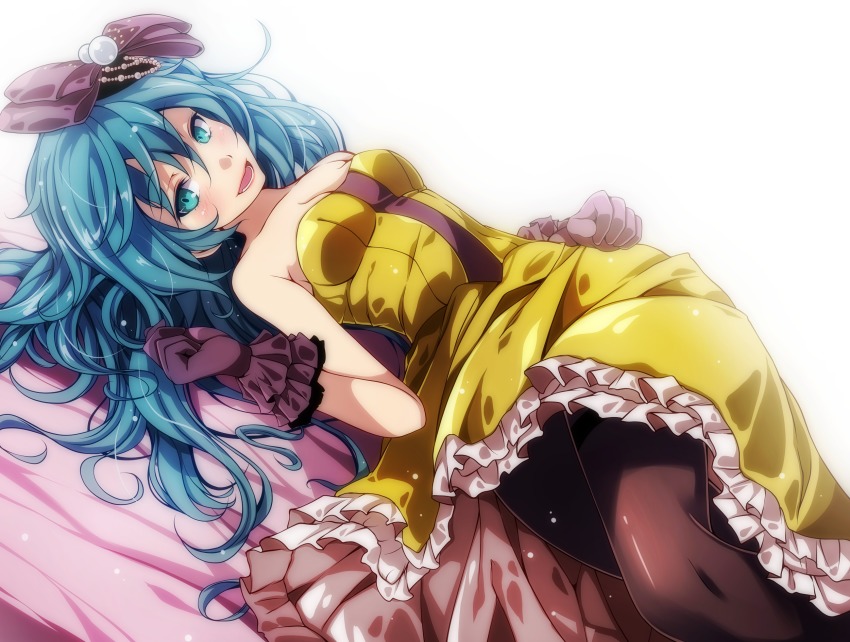 1girl :d aqua_eyes bed_sheet black_pantyhose blue_hair bow breasts brown_bow brown_gloves dress female_focus frilled_dress frills gloves hair_between_eyes hair_bow hatsune_miku highres kochira_koufuku_anshin_iinkai_desu_(vocaloid) long_dress long_hair looking_at_viewer lying on_back open_mouth pantyhose simple_background hatsune_miku_(siren) sleeveless sleeveless_dress small_breasts smile solo strapless strapless_dress tsukishiro_saika vocaloid white_background yellow_dress