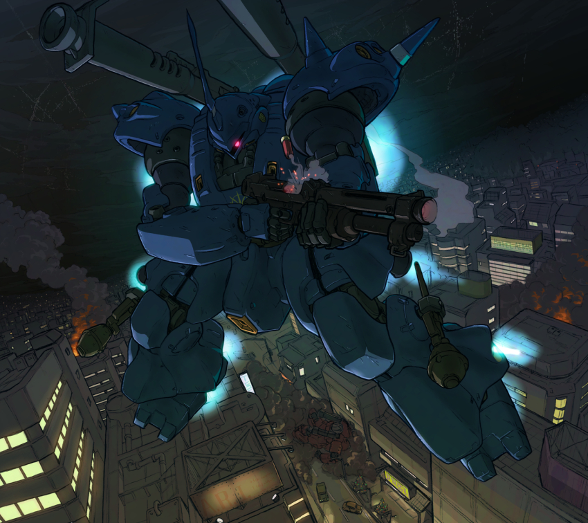 battle building cannon cityscape commentary_request damaged earth_federation fake_screenshot gun guncannon_mp_type gundam gundam_0080 highres kampfer_(mobile_suit) mecha mobile_suit night no_humans one-eyed radio_antenna robot ruins scene_reference science_fiction shotgun smoke space_habitat spacecraft_interior tessaku_ro thrusters weapon window wreckage zeon