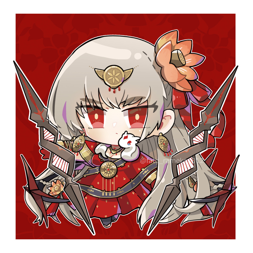 1012rameko 1girl absurdres animal animal_around_neck body_markings bracelet breasts chibi colored_extremities commentary_request divine_entity double_helix dress durga_(fate) earrings expressionless fate/grand_order fate_(series) feet floating floating_object floating_weapon flower full_body gem gold_bracelet gold_earrings gold_ring gold_trim grey_hair hair_flower hair_ornament hair_ribbon highres indian_clothes jewelry long_hair looking_at_viewer multicolored_eyes multiple_bracelets red_dress red_eyes red_gemstone ribbon sari snake solo tassel thighs tiptoes two-tone_eyes very_long_hair white_snake yellow_eyes