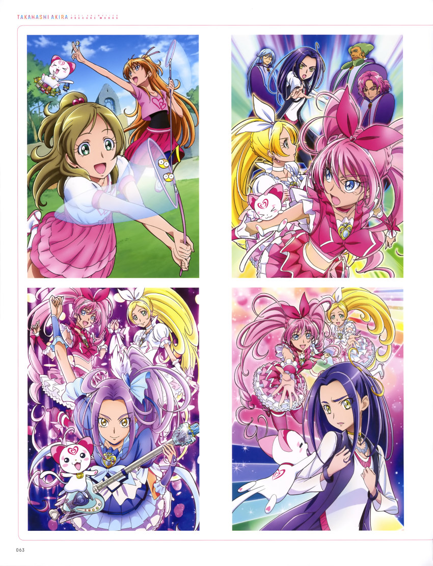 3boys :d absurdres arm_up baritone_(suite_precure) beard blonde_hair blue_eyes blue_hair blue_pants boots bracelet brown_hair choker collarbone cure_melody cure_rhythm dory dress facial_hair falsetto_(suite_precure) fary green_eyes green_facial_hair green_hair guitar hair_between_eyes hair_bobbles hair_ornament hair_ribbon hairband high_heel_boots high_heels high_ponytail highres holding holding_hands holding_instrument houjou_hibiki hummy_(suite_precure) instrument jewelry jumping kurokawa_eren lary layered_dress layered_skirt long_hair looking_at_viewer male_focus minamino_kanade miry multiple_boys one_side_up open_mouth outdoors outstretched_arm pants pants_under_skirt pink_hair pink_ribbon pink_skirt ponytail precure red_legwear red_ribbon red_skirt rery ribbon ribbon_choker seiren_(suite_precure) shirt short_sleeves skirt sleeveless smile sory standing suite_precure swimsuit takahashi_akira thighhighs tiry twintails very_long_hair white_footwear white_hairband white_ribbon white_shirt wrist_cuffs yellow_eyes