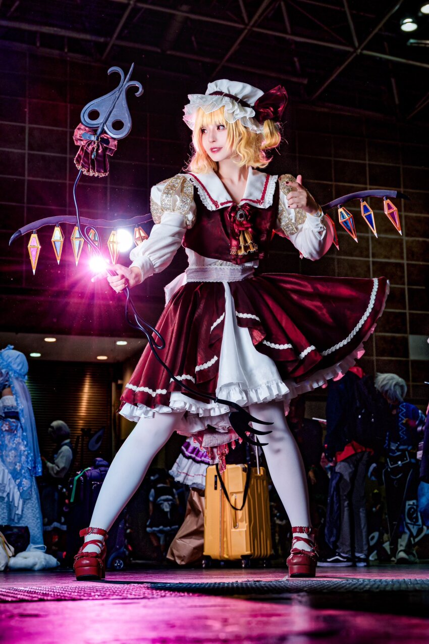 2boys 3girls adapted_costume baked_moruru blonde_hair collarbone collared_shirt convention_hall cosplay_photo crystal flandre_scarlet frilled_skirt frills full_body hat highres holding holding_polearm holding_weapon indoors laevatein_(touhou) layered_skirt long_sleeves mary_janes medium_hair mob_cap multicolored_wings multiple_boys multiple_girls nail_polish one_side_up open_mouth pantyhose photo_(medium) polearm red_eyes red_footwear red_nails red_skirt red_vest shirt shoes skirt solo_focus standing teeth touhou vest weapon white_headwear white_pantyhose white_shirt wings