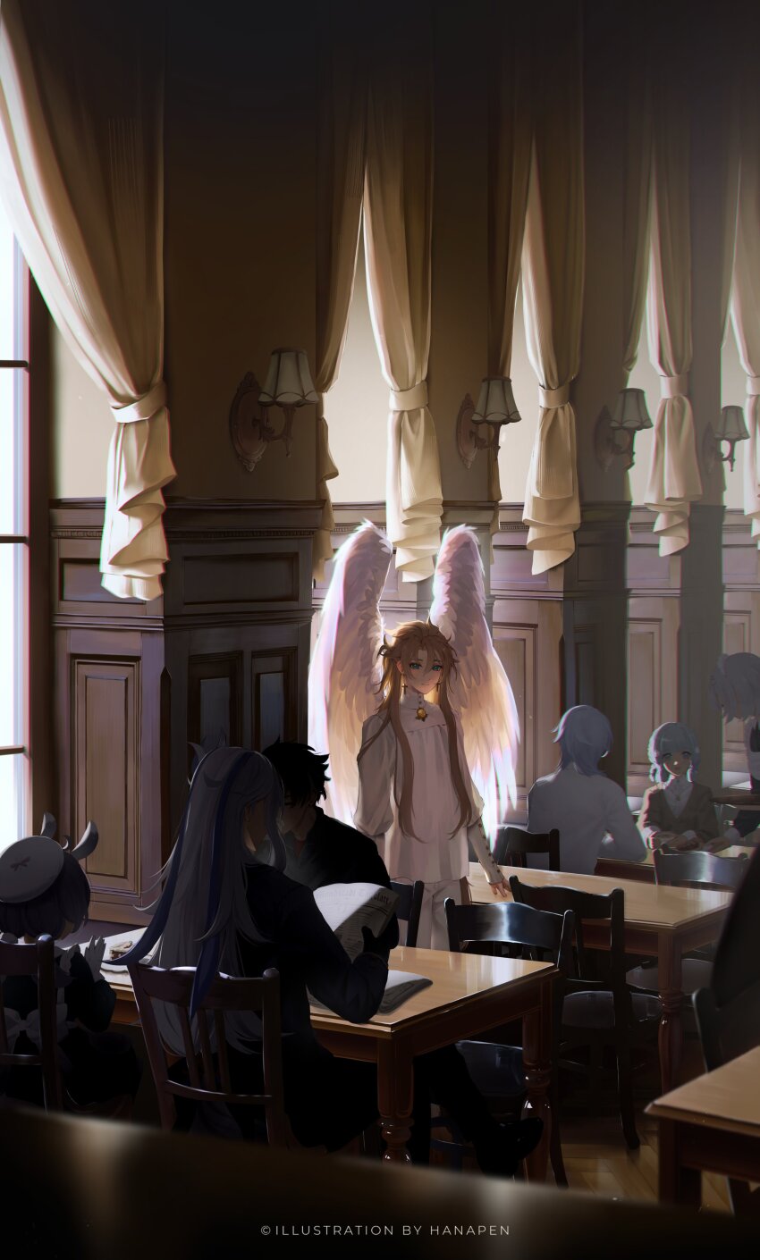 3boys 3girls absurdres albedo_(genshin_impact) alternate_costume angel_wings artist_name ayaka_(genshin_impact) black_hair blue_eyes blue_hair book braid braided_hair_rings cake chair character_request check_character commentary cross cross_earrings curtains dress earrings english_commentary feathered_wings food genshin_impact geo_symbol_(genshin_impact) hair_between_eyes hair_rings hanapen highres holding holding_tray indoors jewelry kamisato_ayato light_blue_hair long_hair long_sidelocks maid_headdress multiple_boys multiple_girls necklace neuvillette_(genshin_impact) open_book pants puffy_sleeves shirt short_hair sidelocks sigewinne_(genshin_impact) sitting sleeves_past_wrists standing table tray very_long_hair vision_(genshin_impact) white_pants white_shirt window wings wooden_chair wooden_table wriothesley_(genshin_impact)