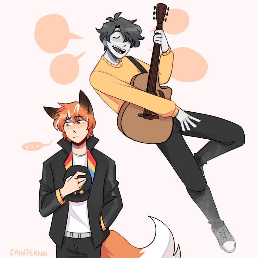 ... 2boys animal_ears artist_name black_jacket black_pants cainternn closed_eyes colored_skin commentary dream_smp english_commentary father_and_son fox_boy fox_ears fox_tail fundy_(youtuber) ghost ghostbur grey_hair grey_skin hat highres holding holding_unworn_clothes holding_unworn_hat humanization jacket male_focus minecraft_youtube multicolored_hair multiple_boys open_clothes open_jacket orange_hair pants playing_guitar playing_instrument procreate_(medium) shirt short_hair simple_background streaked_hair sweater tail unworn_hat unworn_headwear white_background white_hair white_shirt wilbur_soot yellow_sweater