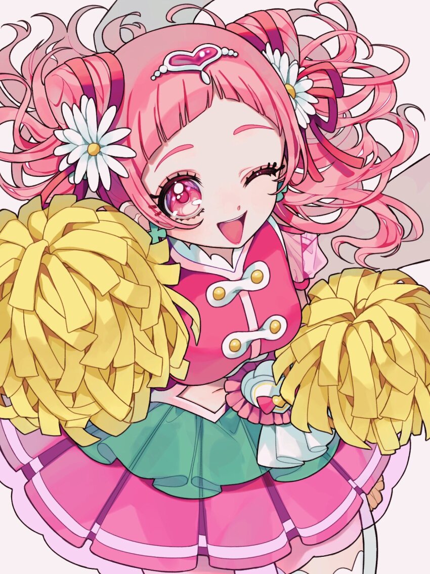 1girl ;d ao_(ao0_0nemu) bad_id bad_twitter_id clover_earrings commentary_request cone_hair_bun cowboy_shot cure_yell earrings flower four-leaf_clover_earrings hair_bun hair_flower hair_ornament hair_ribbon heart heart_hair_ornament heart_pouch highres hugtto!_precure jewelry layered_skirt long_hair looking_at_viewer magical_girl navel nono_hana one_eye_closed open_mouth pink_eyes pink_hair pink_shirt pink_skirt pleated_skirt pom_pom_(cheerleading) precure ribbon shirt short_bangs skirt smile solo standing white_background