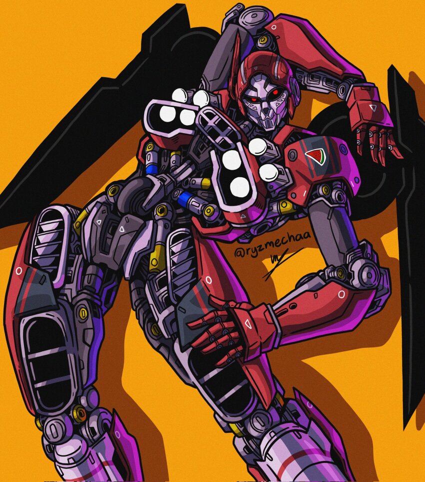 1girl airplane_wing bumblebee_(film) hand_on_own_thigh helmet highres humanoid_robot mecha mechanical_wings red_eyes robot robot_girl ryzmechaa science_fiction shatter_(transformers) solo stretching transformers transformers_(live_action) wings