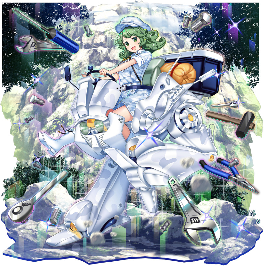 1girl alternate_color boots camouflage camouflage_headwear camouflage_shirt camouflage_skirt collared_shirt flat_cap game_cg green_eyes green_hair hammer hat highres key long_hair looking_at_viewer machinery multicolored_shirt multicolored_skirt official_art open_mouth outdoors pliers rotte_(1109) screw screwdriver seatbelt shirt sitting skirt skirt_pocket smile solo sparkle steering_wheel third-party_source touhou touhou_lostword transparent_background vehicle_request white_boots white_hat white_shirt white_skirt wrench yamashiro_takane