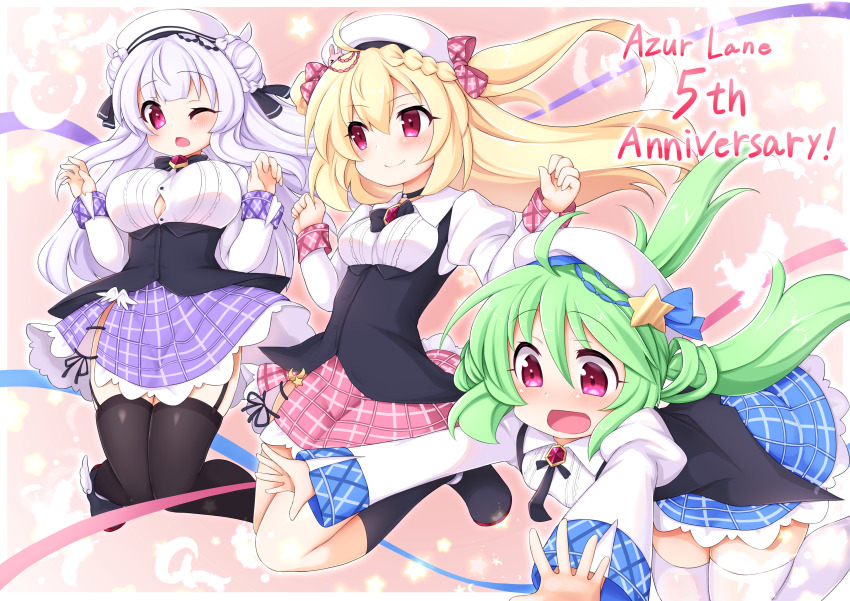 3girls absurdres anniversary azur_lane beret black_ribbon black_socks black_thighhighs blonde_hair blue_skirt braid checkered_clothes checkered_skirt closed_mouth comet_(azur_lane) comet_(retrofit)_(azur_lane) crescent_(azur_lane) crescent_(retrofit)_(azur_lane) cygnet_(azur_lane) cygnet_(retrofit)_(azur_lane) green_hair hair_ornament hair_ribbon hands_up hat highres kinomiki_nobori long_hair long_sleeves low_twintails multiple_girls one_eye_closed open_mouth purple_skirt red_eyes red_ribbon red_skirt ribbon skirt smile socks star_(symbol) star_hair_ornament thighhighs twintails two_side_up white_hair white_hat white_thighhighs