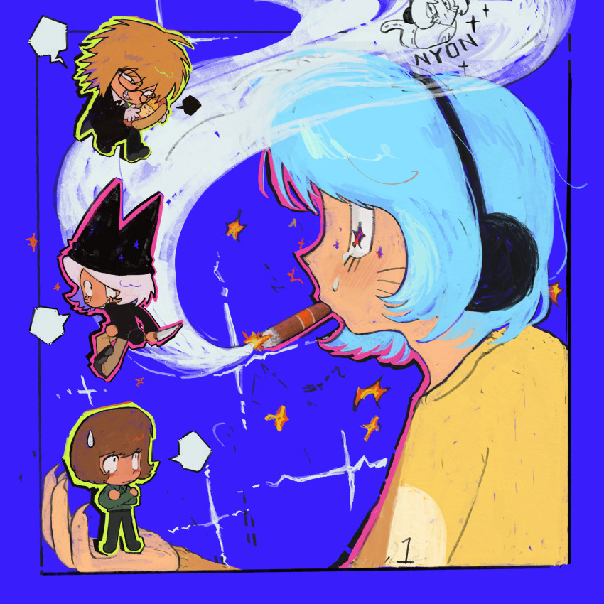 5boys animal_ears blue_background blue_hair chibi chinese_commentary cigar commentary_request facial_mark fake_animal_ears highres looking_to_the_side luther_von_ivory male_focus multiple_boys nyen_(randal&#039;s_friends) nyon_(randal&#039;s_friends) randal&#039;s_friends randal_ivory sebastian_de_tomato_smith_chicken_legs short_hair smoke smoke_trail smoking whisker_markings xianning233