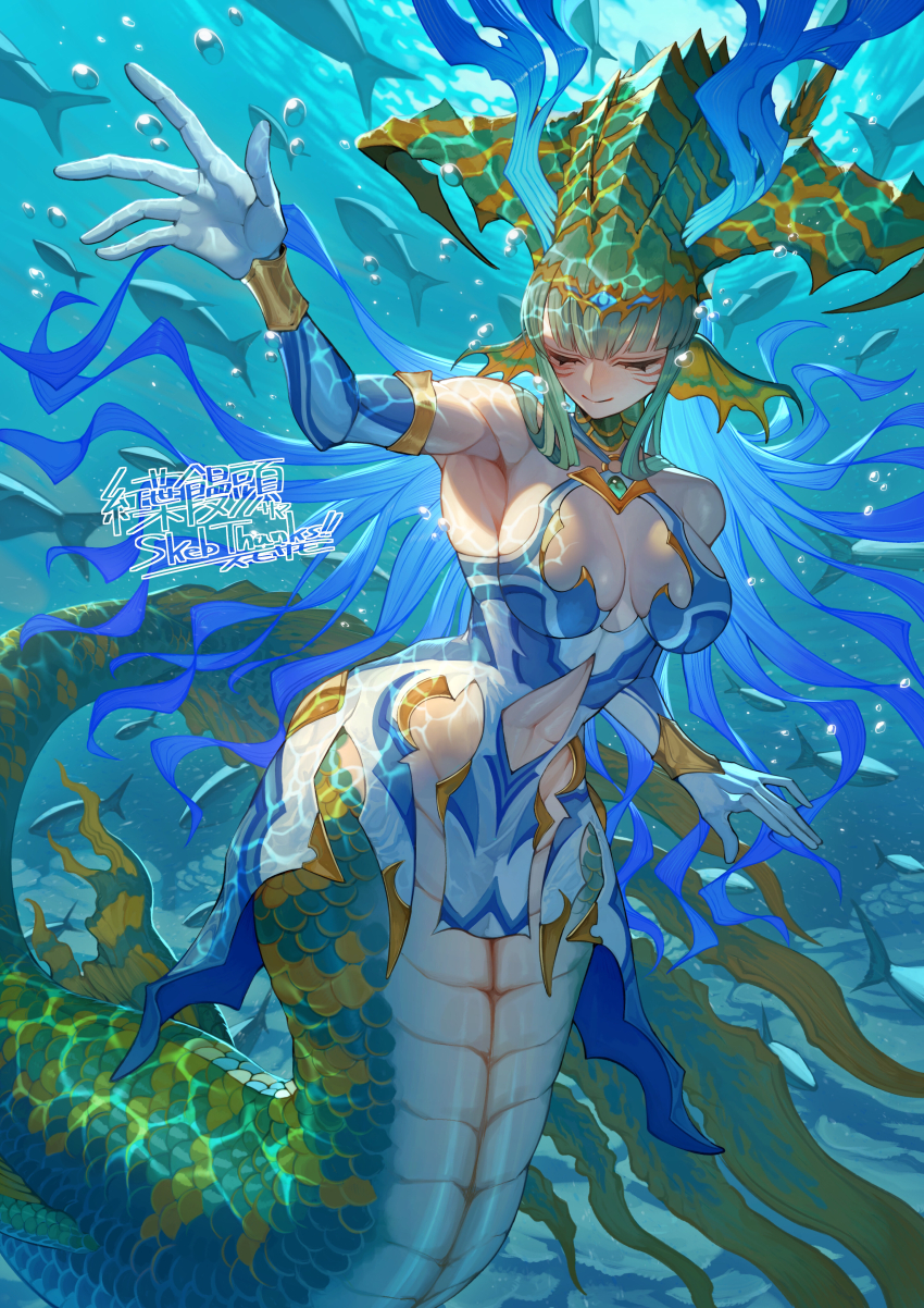 1girl absurdres air_bubble analogous_colors arm_up armlet armpits bare_shoulders blue_dress blunt_bangs bracelet breasts bubble cleavage closed_mouth clothing_cutout collarbone commission dress elbow_gloves facial_mark fins fish gloves green_hair groin head_fins highres horns jewelry lamia large_breasts monster_girl navel navel_cutout original pelvic_curtain scales school_of_fish sidelocks skeb_commission sleeveless sleeveless_dress smile solo sumosamo two-tone_dress underwater white_dress white_gloves